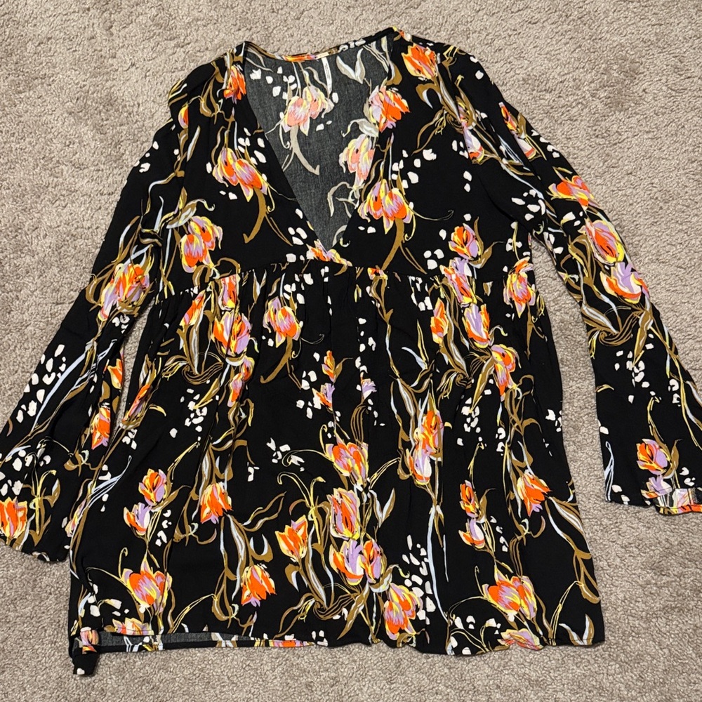 Free People Black Floral Blouse with Orange Accents